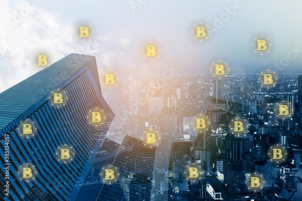 Fototapeta Double exposure bitcoins crypto currency's sign on global network connection concept. Trend of digital business economy. elements of this Images furnished by NASA.