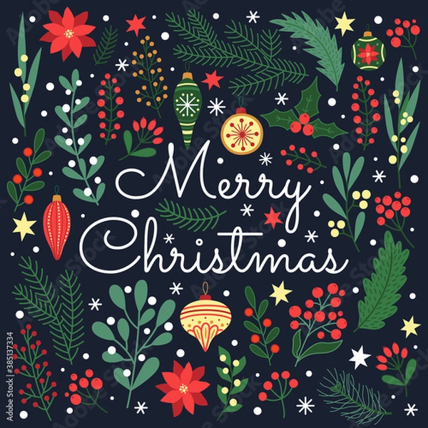 Fototapeta Christmas greeting card with hand drawn decoration elements. Vector template.