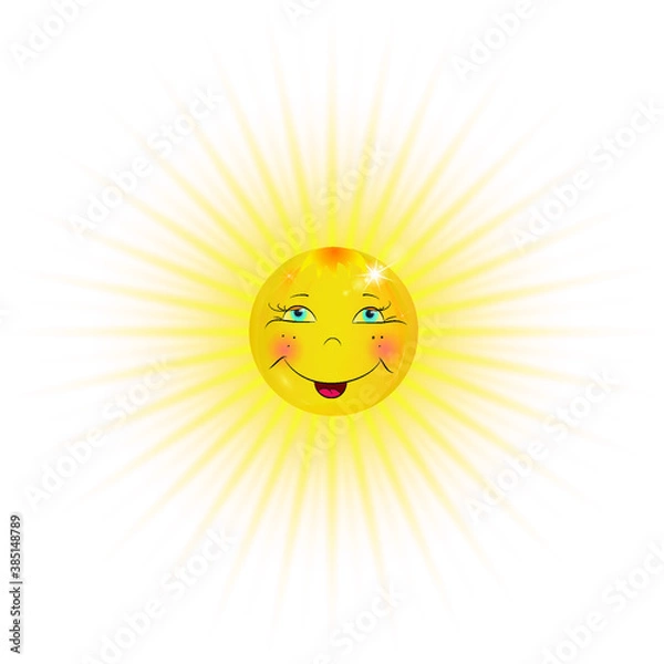 Obraz Cute smiling sun with rays and glow on a white background. Vector illustration