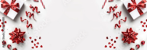 Fototapeta Christmas decoration, gift boxes with red ribbon, sparkles, confetti, christmas candy and balls on white background. Xmas and Happy New Year holiday. Flat lay, top view