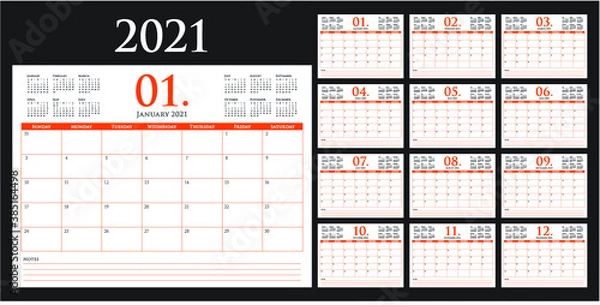 Fototapeta Year 2021 desk calendar vector illustration, simple and clean design. 
