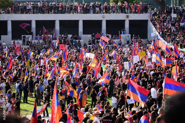 Fototapeta Los Angeles, California, USA - October 2020: Armenians protest in USA against war in Artsakh. Nagorno-Karabakh region. The Armenian diaspora held a protest against aggression of Azerbaijan in Artsakh.