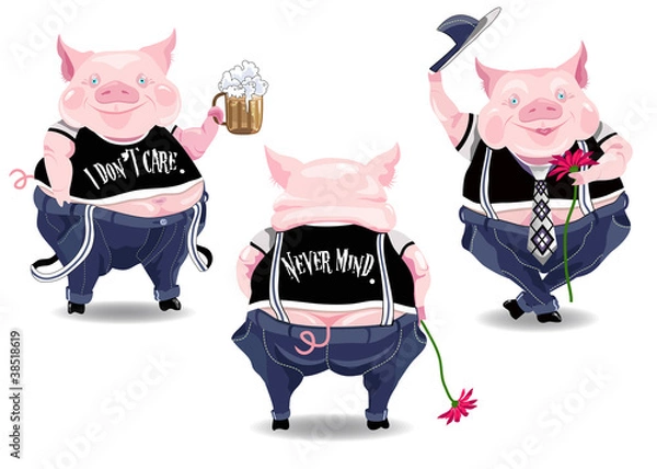 Fototapeta Three funny pig characters with beer, flower and text.
