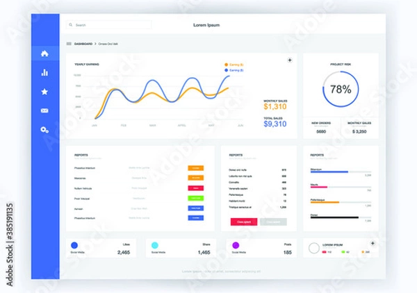Obraz Dashboard user admin panel template design. Vector abstract modern web UI design
