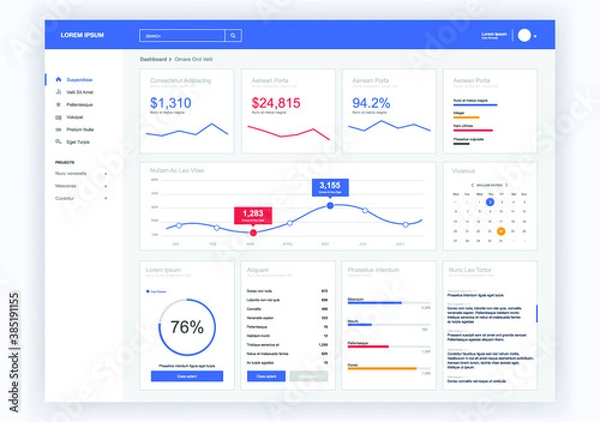 Obraz Dashboard user admin panel template design. Vector abstract modern web UI design