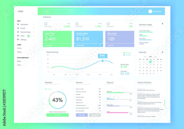 Obraz Dashboard user admin panel template design. Vector abstract modern web UI design