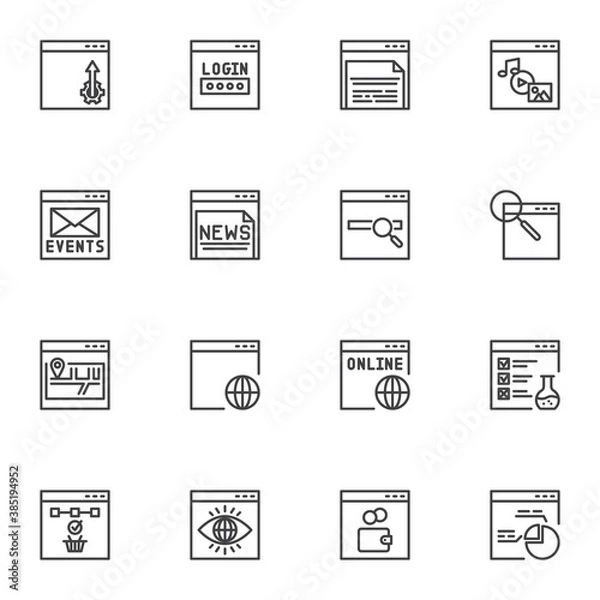 Fototapeta Web developing line icons set, SEO outline vector symbol collection, linear style pictogram pack. Signs, logo illustration. Set includes icons as website login password, online monitoring, sitemap