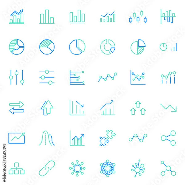 Obraz Set of graph and chart colored line style Icons. Contains such Icons as diagram, data, business, information, statistic, presentation, growth, stats, financial And Other Elements. 
