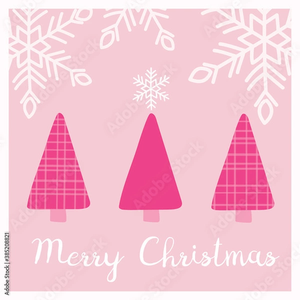 Fototapeta Cute Merry Christmas greeting card with handwritten lettering. Beautiful snowflakes and pink plaid trees illustration. Vector design element. Great for stickers, labels, tags, and icons.