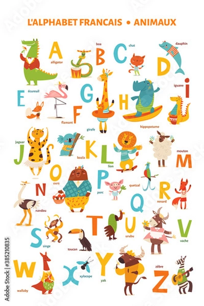 Fototapeta French language alphabet poster with cartoon animals