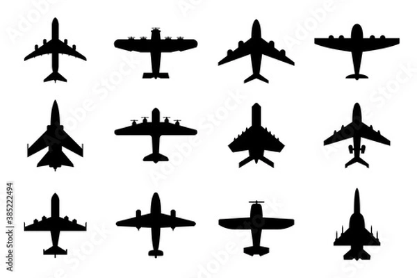 Fototapeta Collection of airplane silhouettes. Commercial and military planes. Isolated on white. Aircraft set for your design