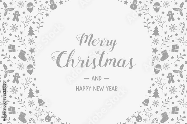 Fototapeta Christmas background with festive decorations and wishes. Design of Xmas greeting card. Vector