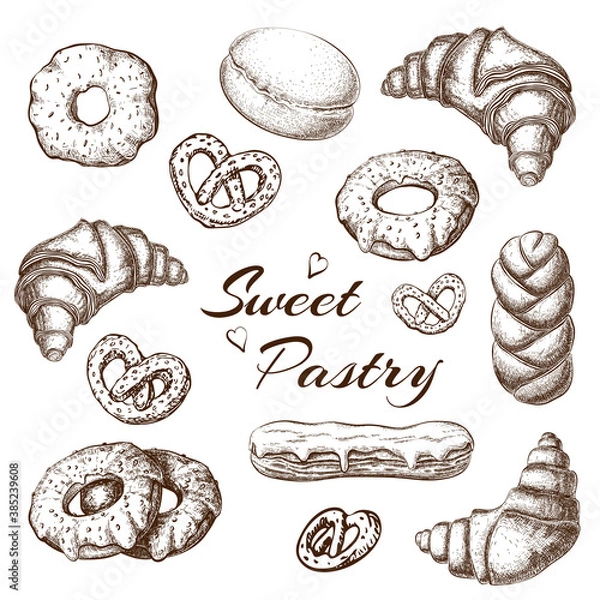 Fototapeta Hand drawn baked products on white background. pastry vector illustration. pastry sketch for cafe or bakery menu design in vintage engraved style. donuts, croissants, eclair, pretzels graphic icon set