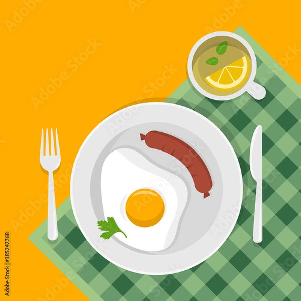 Fototapeta Breakfast with fried eggs, sausage, green parsley leaf on plate, herbal tea with lemon and mint leaf. Fork and knife. Flat style. Vector illustration