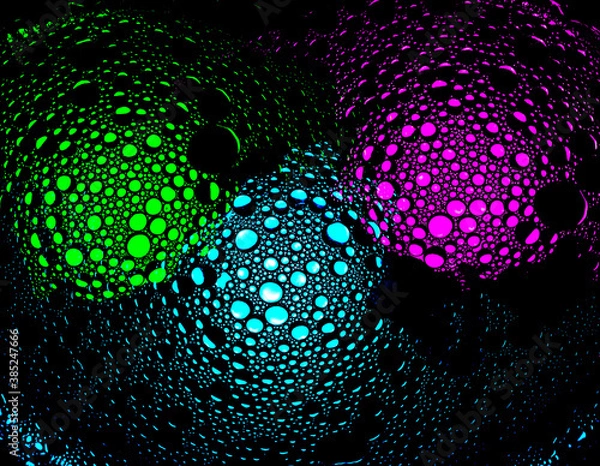 Fototapeta purple, magenta, teal, cyan and green droplets illuminated with colored bulb with dark background