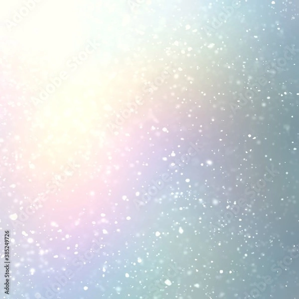 Obraz Holographic shiny winter holidays background decorated falling snow. Blue pink yellow gradient light gradient. Blurred texture for wonderful Xmas design.