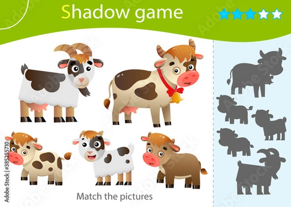 Fototapeta Shadow Game for kids. Match the right shadow. Color images of farm animals with cubs. Cow and calves, goat and kid. Worksheet vector design for children