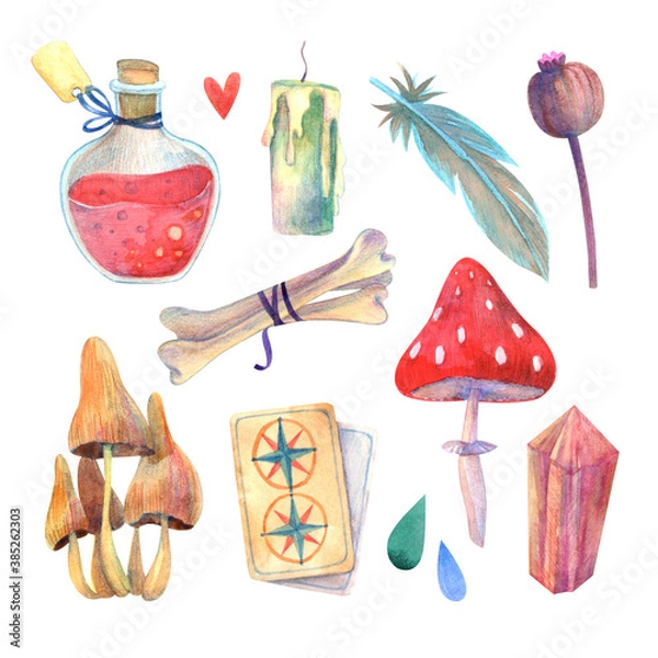 Obraz  A set of elements on the theme of Halloween isolated on a white background. Drawn by hand with watercolors and colored pencils.