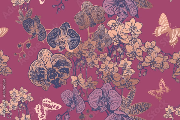 Fototapeta Floral seamless background with tropical orchids and butterflies. Vector.