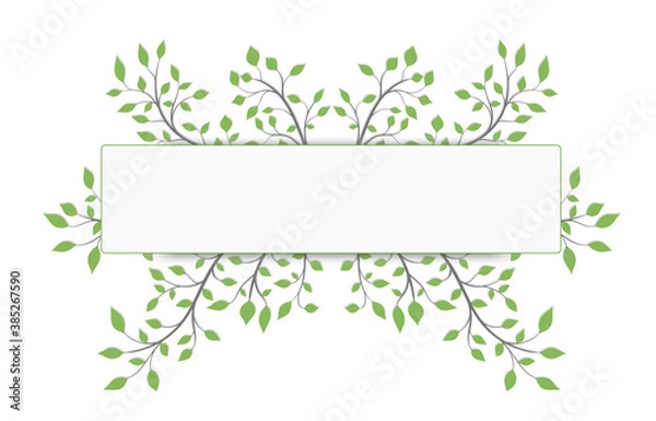 Fototapeta Text frame surrounded by tree branches with green leaves on a white background