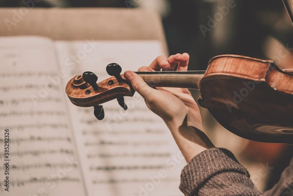 Fototapeta Close frame for the hand of a violinist of a symphony orchestra