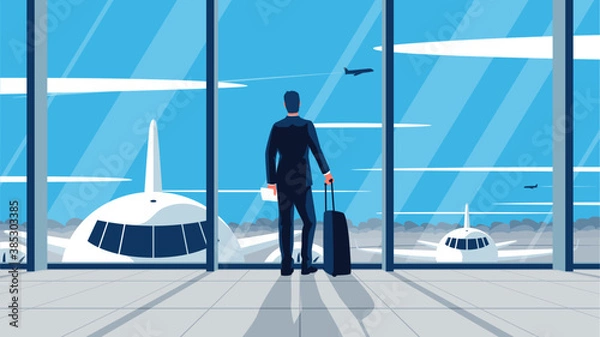 Fototapeta Vector flat illlustration of a businessman standing in the airport. Concept of a man wearing suit with suitcase standing in the airport lounge looking at the airfield. Departure awaiting hall interior