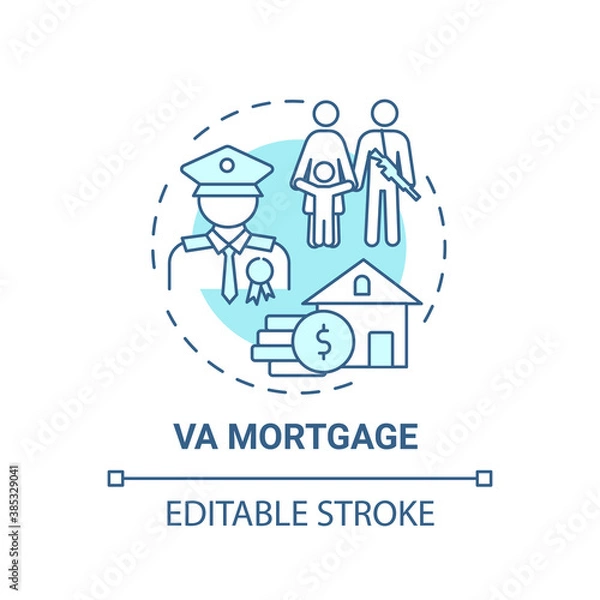 Obraz VA mortgage concept icon. Veterans affairs type idea thin line illustration. Direct home loan. Military benefits. Refinance rate. Vector isolated outline RGB color drawing. Editable stroke
