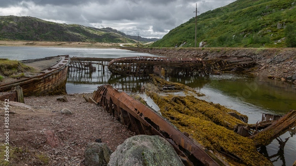 Obraz Cemetery of old ships in the village of Teriberka, Barents sea, Russia, August 2020