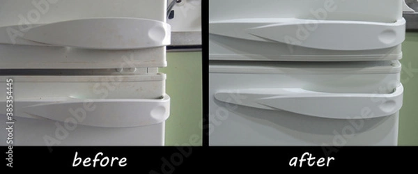 Fototapeta Comparison of handles from the refrigerator before and after cleaning. The result of using a chemical household cleaning agent.
