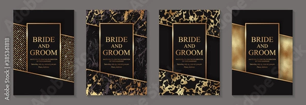 Fototapeta Modern abstract luxury background design or card template for birthday greeting or wedding invitation or poster with golden textures and glitter on a black background.