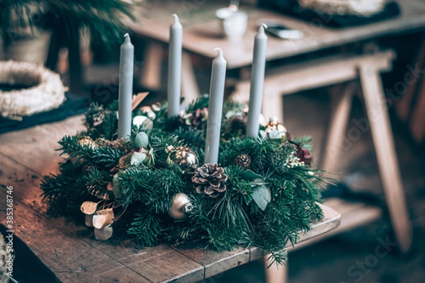 Obraz 4 candles on decorated advent wreath
