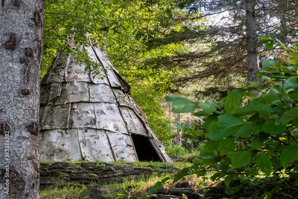 Obraz View of a traditional wooden tipi in Canada
