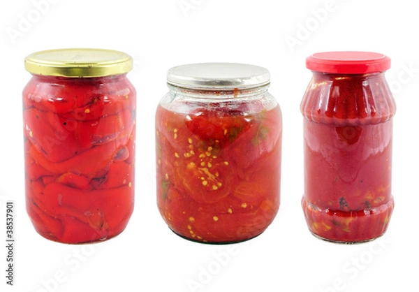 Fototapeta Jars with different preserved vegetables