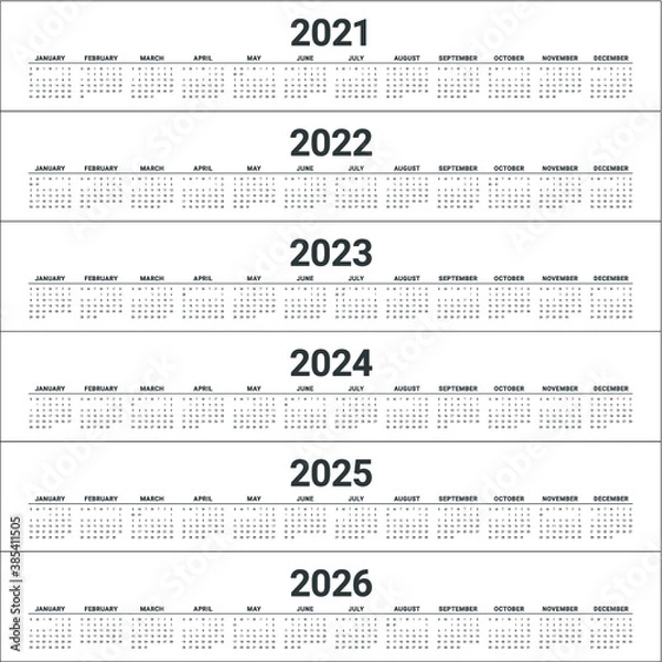 Fototapeta Year 2021 2022 2023 2024 2025 2026 calendar vector design template, simple and clean design