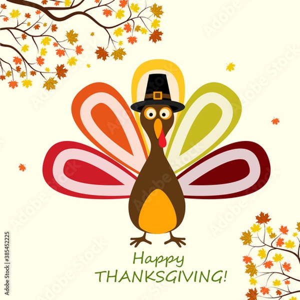 Obraz Happy Thanksgiving Card with Thanksgiving Turkey and autumn leave.