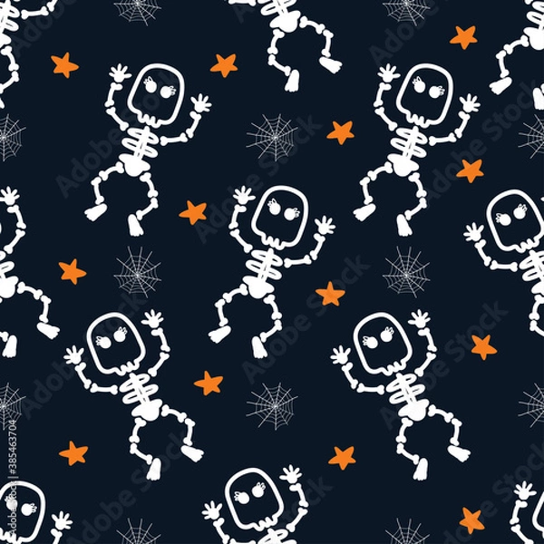 Obraz Vector Halloween pattern. white icons of skull, spider web, star. Design elements for halloween party poster. Flat cartoon illustration. Objects isolated.