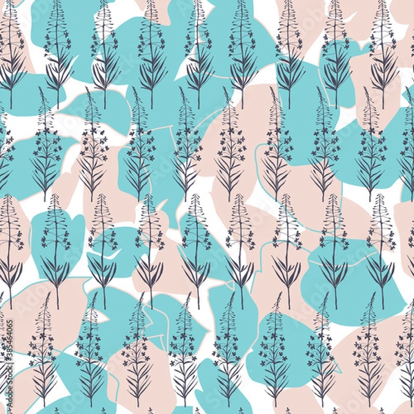 Fototapeta Vector floral seamless pattern. Realistic hand drawn flowers and leaves in pastel colors on white background.