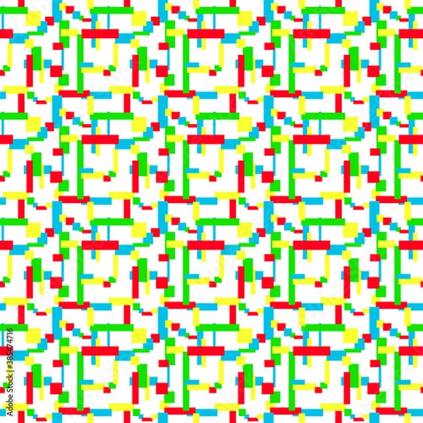 Fototapeta Blue, red, green, yellow rectangles and squares on a white background. Bright mosaic. Multicolored geometric seamless pattern. Abstract minimalist design. Narrow and thick strips