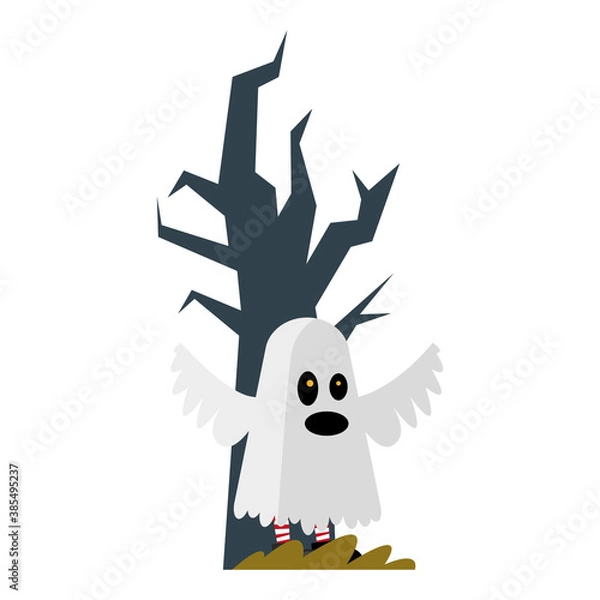 Fototapeta halloween ghost cartoon with bare tree vector design