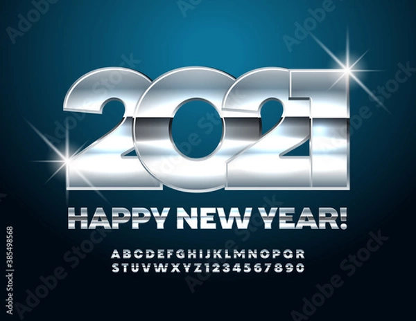 Fototapeta Vector greeting card Happy New Year 2021! Stylish Silver Font. Glossy metallic Alphabet Letters and Numbers set