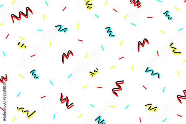 Fototapeta Abstract memphis pattern design vector background. Seamless red, yellow, blue and black figures repeat banner. Geometric trendy elements, funky vector design for wallpaper, banner, flyer or poster