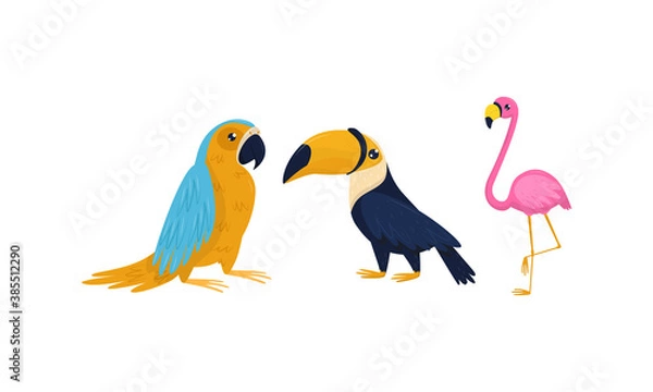 Fototapeta Bright Exotic Birds with Pink Flamingo and Parrot Vector Set