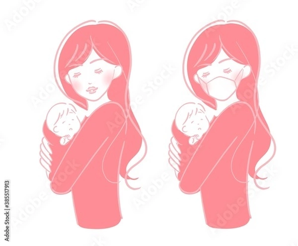 Obraz 赤ん坊を抱き抱える女性（マスク有、マスク無）