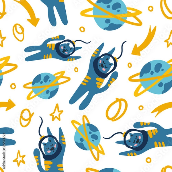 Fototapeta Hand drawn space elements seamless pattern. Space background. Space doodle illustration. Vector illustration. Seamless pattern with cartoon space rockets, planets, stars, slogans