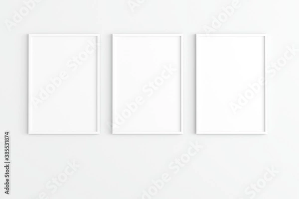 Obraz Empty photo frame hanging for mockup in empty white room. 3D rendering.