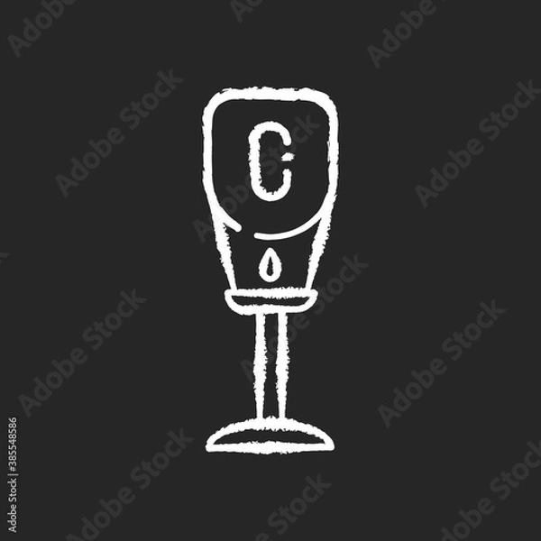 Fototapeta Floor stand sanitizer chalk white icon on black background. Dispenser for public restroom. Liquid soap pump for hand sanitation. Health care product. Isolated vector chalkboard illustration