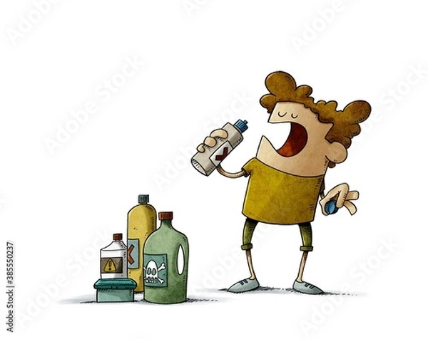 Obraz kid is going to drink detergent from a bottle. home hazards. isolated