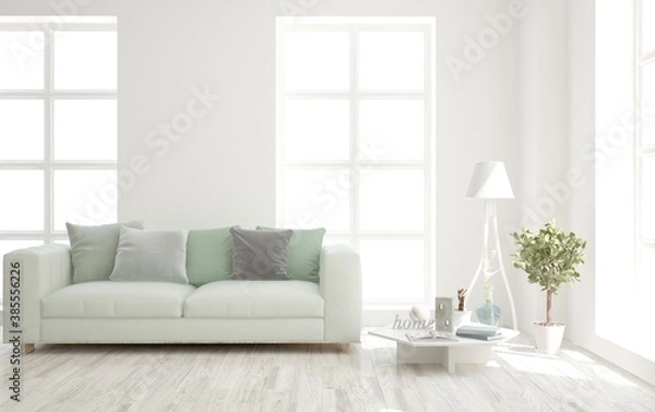Obraz White living room with sofa. Scandinavian interior design. 3D illustration