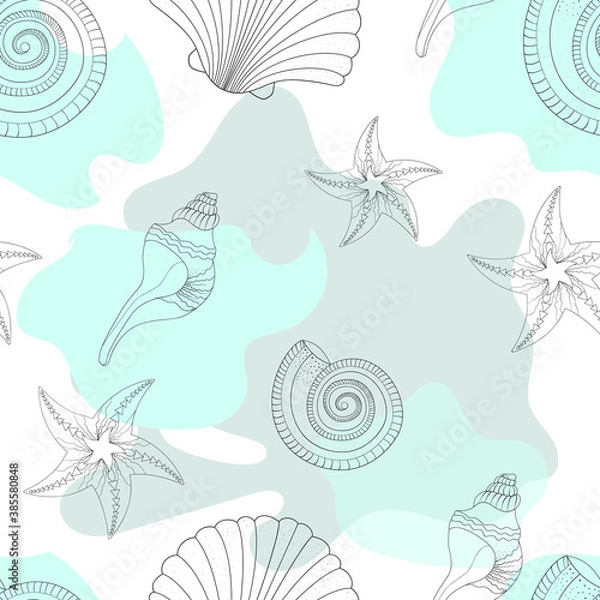 Fototapeta Childrens texture. Sea shells and stains. Starfish. Patterned in shades of turquoise colors. Seamless vector pattern.