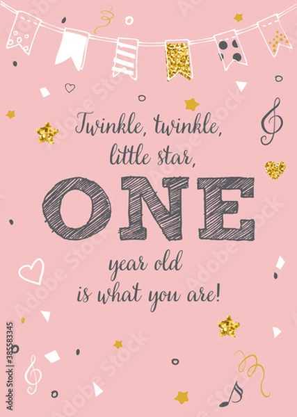Fototapeta Twinkle, Twinkle, Little Star, Girl's First Birthday One Year Party Printable Invitation Vector Card